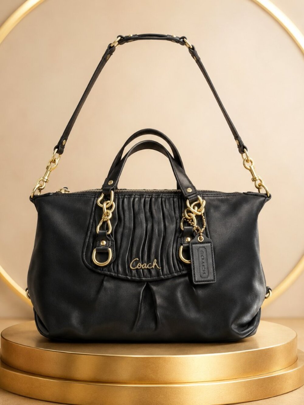 Coach Ashley F17647 Black Leather Ruched Slouchy Chain Convertible Satchel Bag